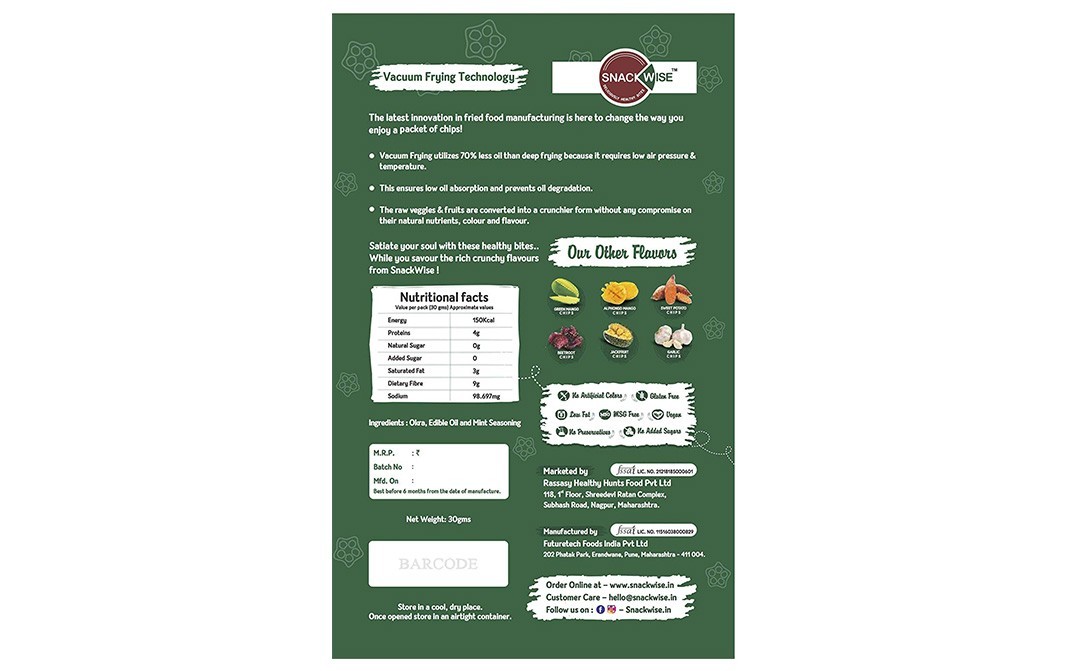 Snack Wise Okra Chips (Vacuum Fried)   Pack  30 grams